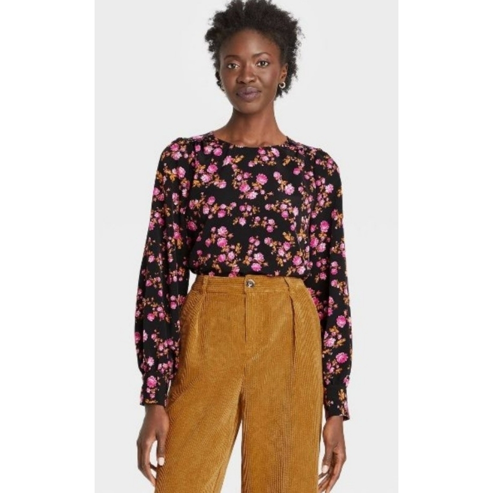 Who What Wear Balloon sleeve Floral blouse Midnight Rose Size S